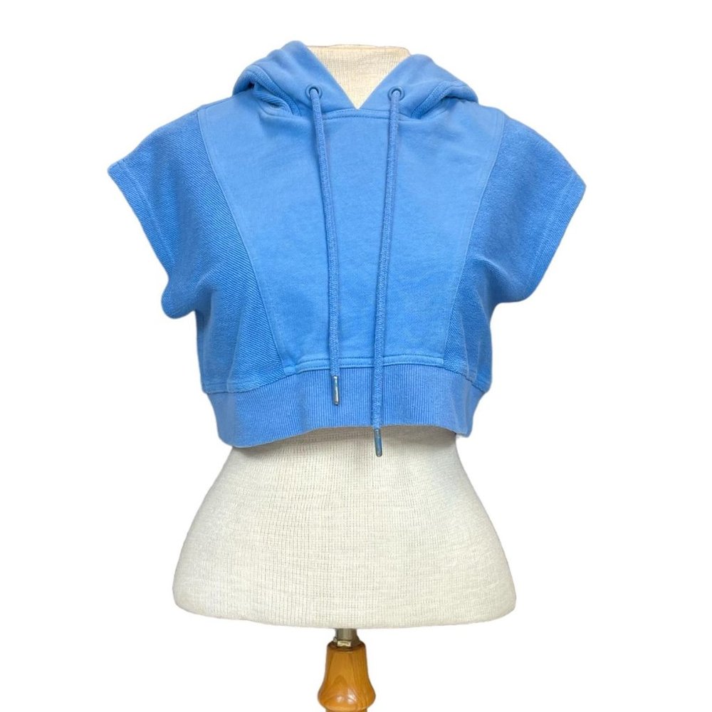 Hervé by Hervé Léger Cropped Paneled Hooded Sweatshirt in Blue Size Small - Picture 7 of 16